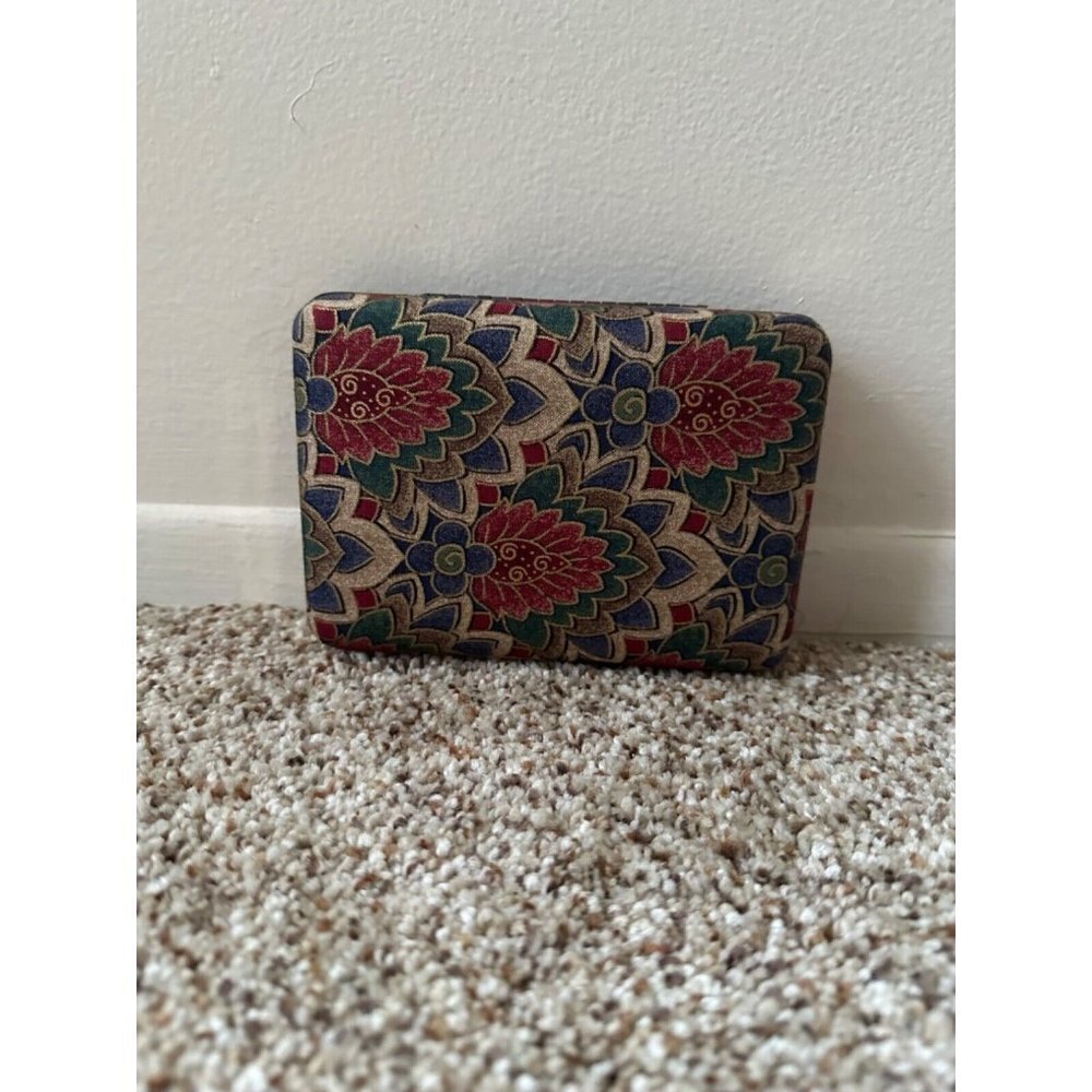 Vintage Travel Jewelry Box Fabric Earring Ring Case Flowers Floral Gold Mirror